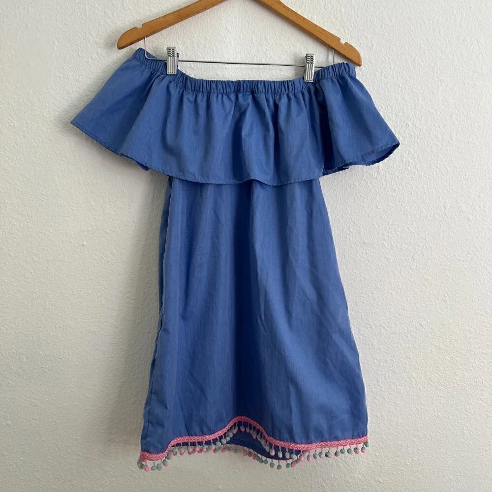 REMY Creations Chambray Off The Shoulder Pompom Hem Mini Dress S‌‌‌‌‌‌‌‌‌‌‌‌‌‌‌